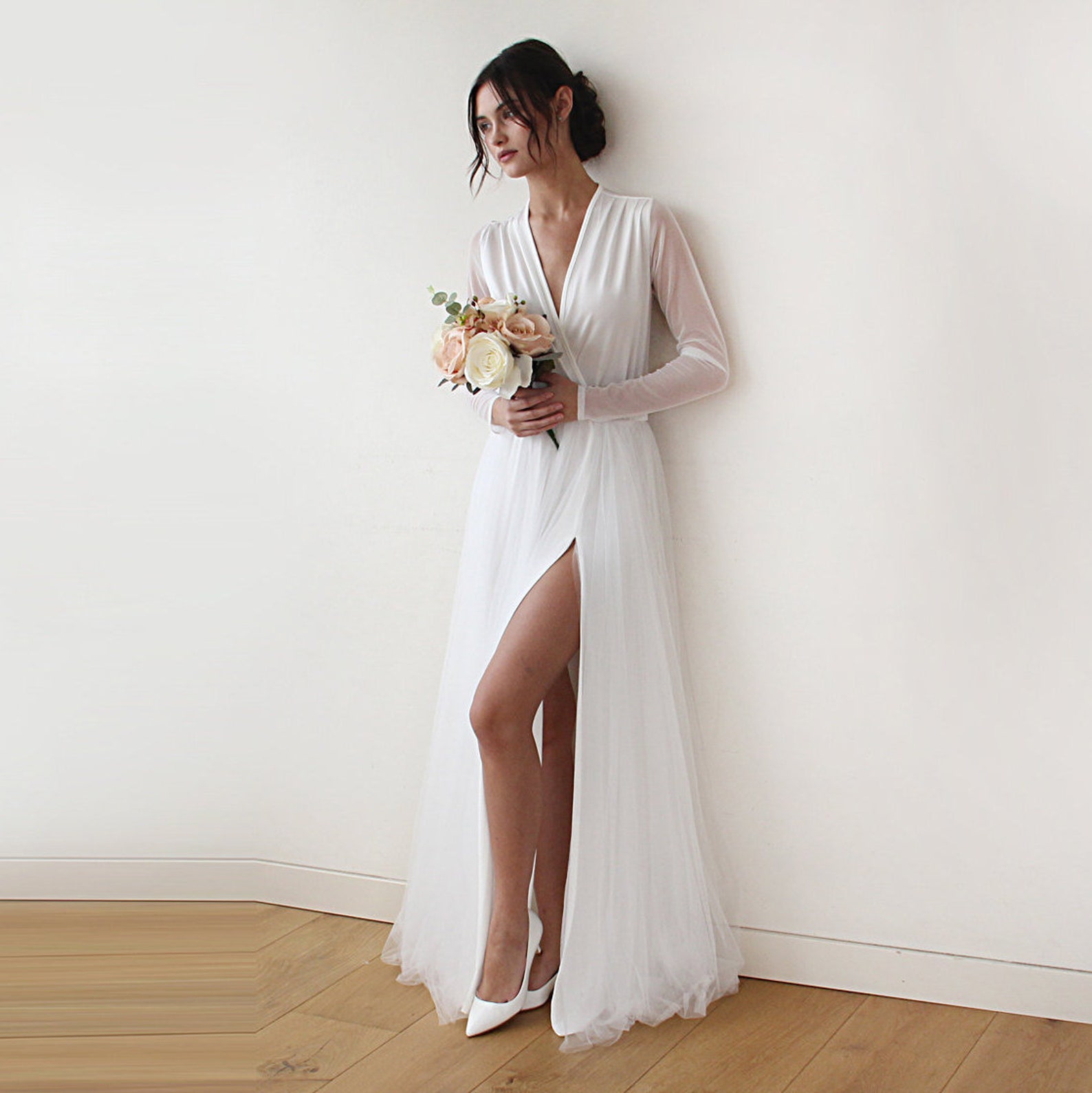Alma flutter sleeve tulle wedding gown in Ivory