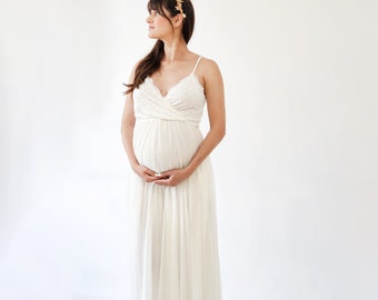 Maternity Ivory Wrap Straps lace dress with chiffon mesh skirt   , Maternity dress for photo shoot #7015