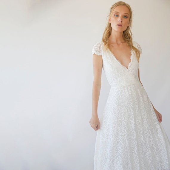 ivory cap sleeve dress Lace Wedding Dress: Bohemian Gown flowy a-line dress