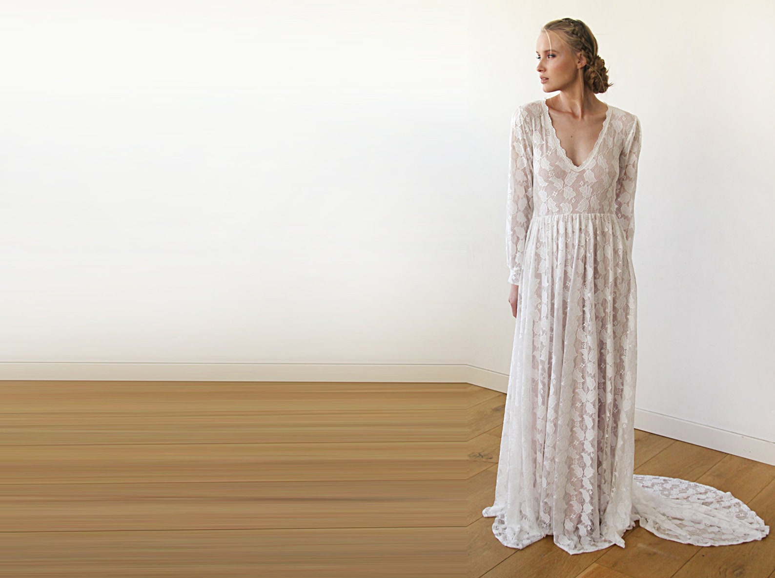 Leaf Lace Ivory Blush Color Wedding Dress Long Sleeve Lace Etsy