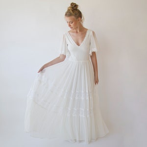 Romantic Chiffon Wedding dress, Vintage Butterfly Sleeves Ivory Wedding Dress 1348 image 9