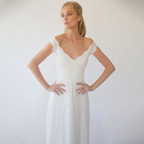 short wrap wedding dress Ivory Off the shoulder short sleeves wrap wedding dress #1281
