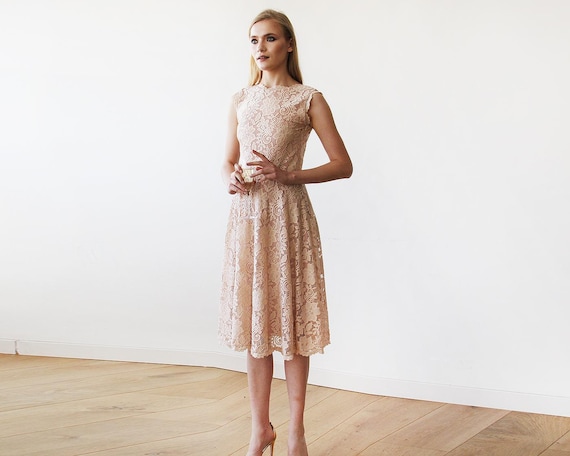Bridesmaids Dress Open back lace midi, Sleeveless Blush Bridesmaids gown #1143