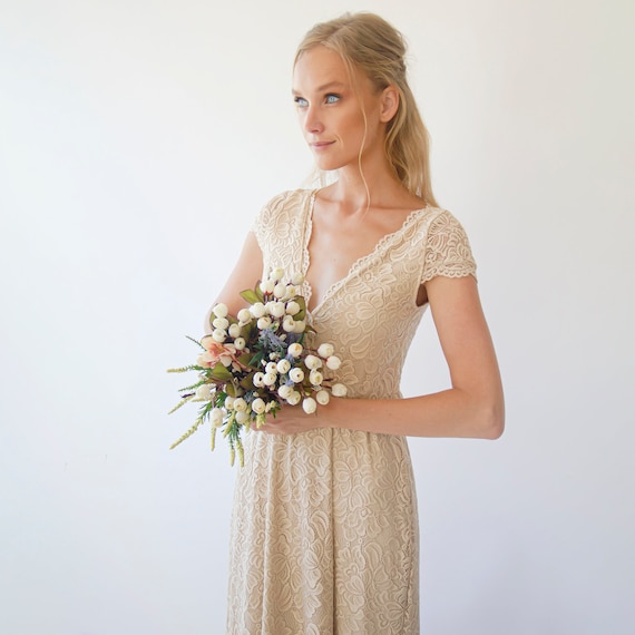 Champagne Lace Wedding Dress: Bohemian Cap Sleeve Gown