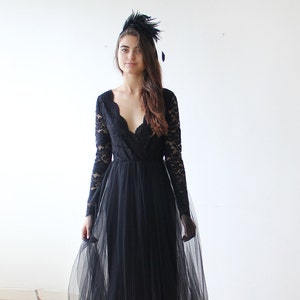 Black tulle and lace long sleeves gown, Tulle and lace black maxi dress 1125 image 5