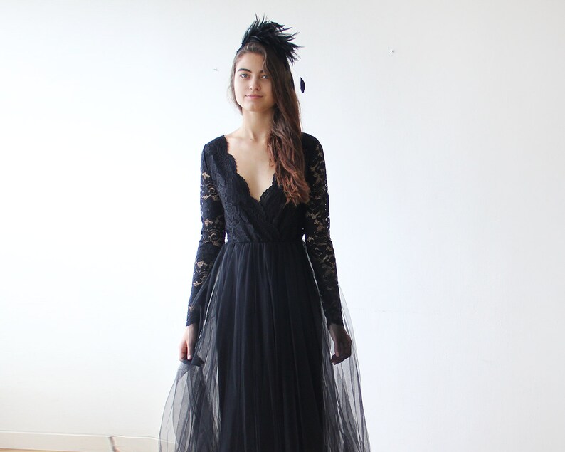 Black tulle and lace long sleeves gown, Tulle and lace black maxi dress 1125 image 5