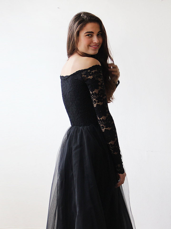 Black Off the shoulder Lace and Tulle Gown Black Lace Maxi Dress 1134 Etsy Canada