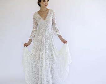 Vestido de novia bohemio de encaje: vestido de novia color champán de manga larga