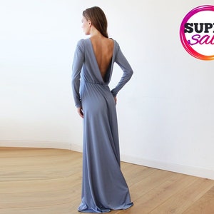 SALE Dusty blue Long Sleeve Maxi Dress With Open-back 1041 image 2