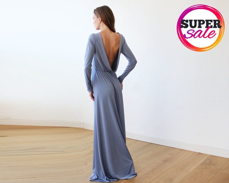 SALE Dusty blue Long Sleeve Maxi Dress With Open-back 1041 image 2