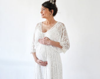 Maternity Bohemian ivory bat sleeves lace wedding Dress  , Maternity dress for photo shoot #7018