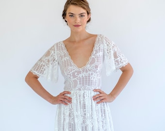 Boho Lace Wedding Dress: Ivory Bell Sleeve Bridal Gown