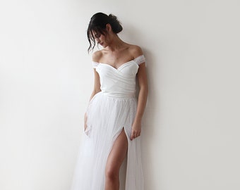 Wrap style wedding dress, Off-The-Shoulder Thin Straps, Dots tulle wedding gown, Tulle skirt with Slit, Sexy Ivory Dress , 1194