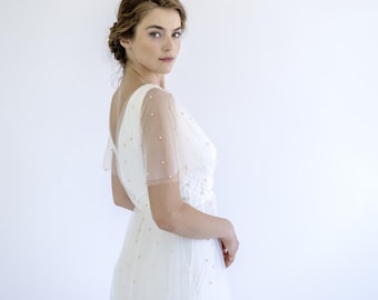 Pearl Tulle Wedding Dress: Boho Champagne Gown with Flutter Sleeves