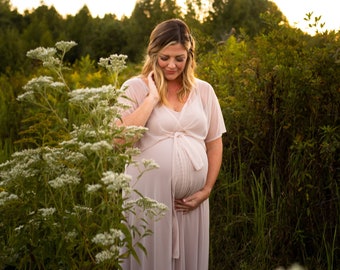 Maternity chiffon mesh dress, Pregnancy Flattering Ivory gown with bat-wings sleeves  , Maternity dress for photo shoot #1027
