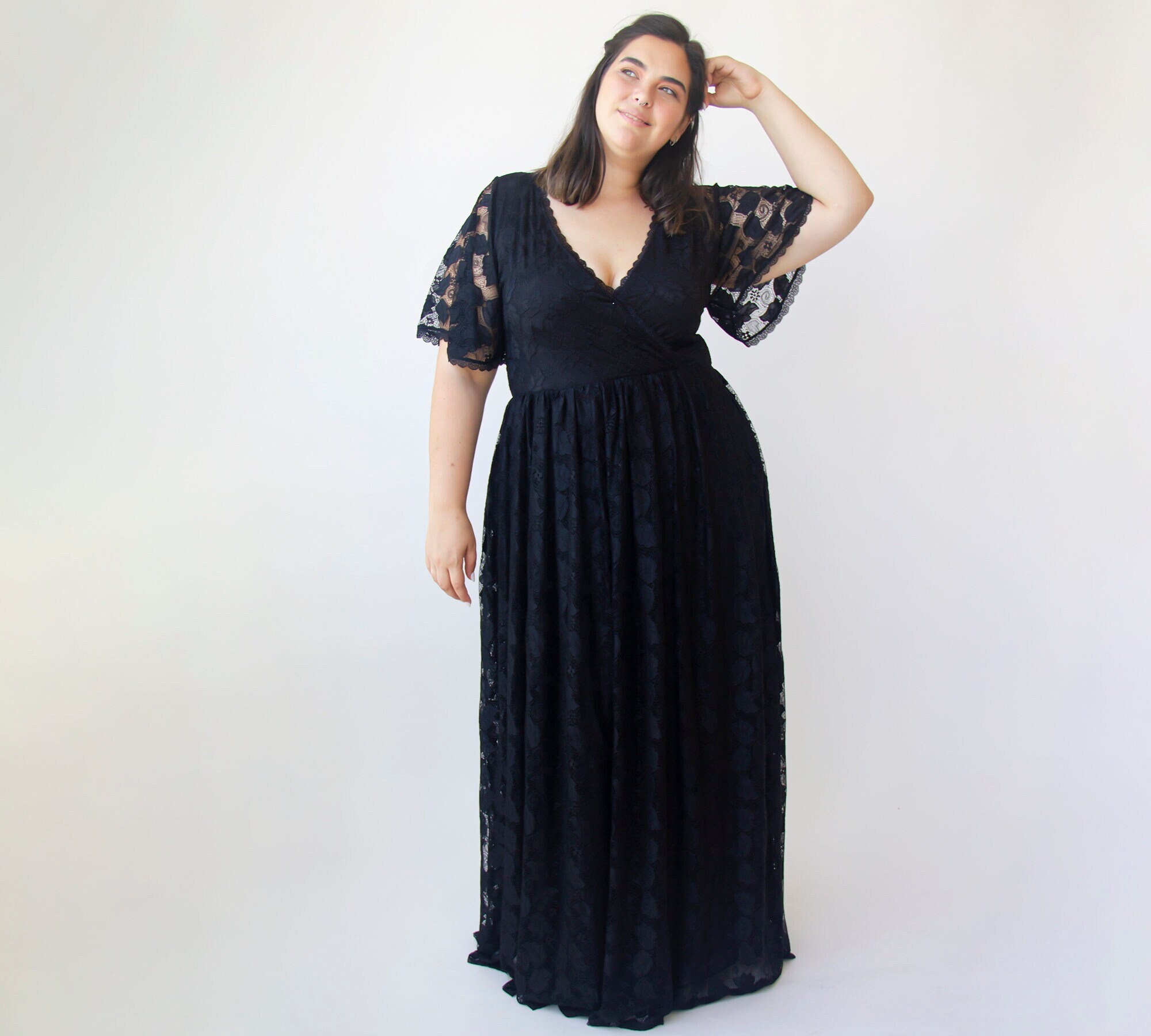 Black Lace Long Sleeve Plus Size Formal Dresses