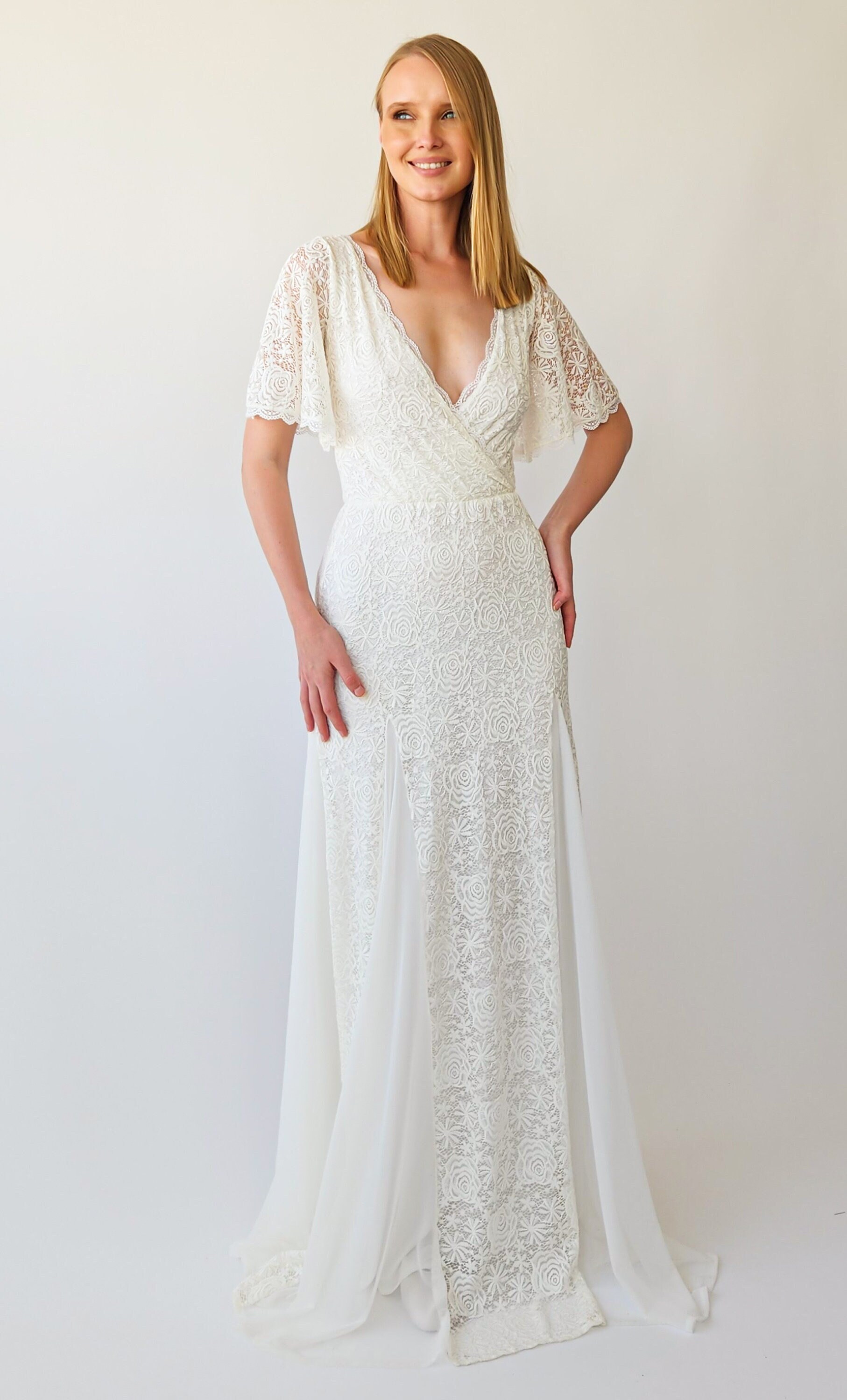 Ivory Lace Wedding Dress: Vintage Mermaid Godet Skirt, Butterfly Sleeves