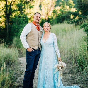 Light Blue Wrap Dress with Train ,Pastel wedding dress #1151