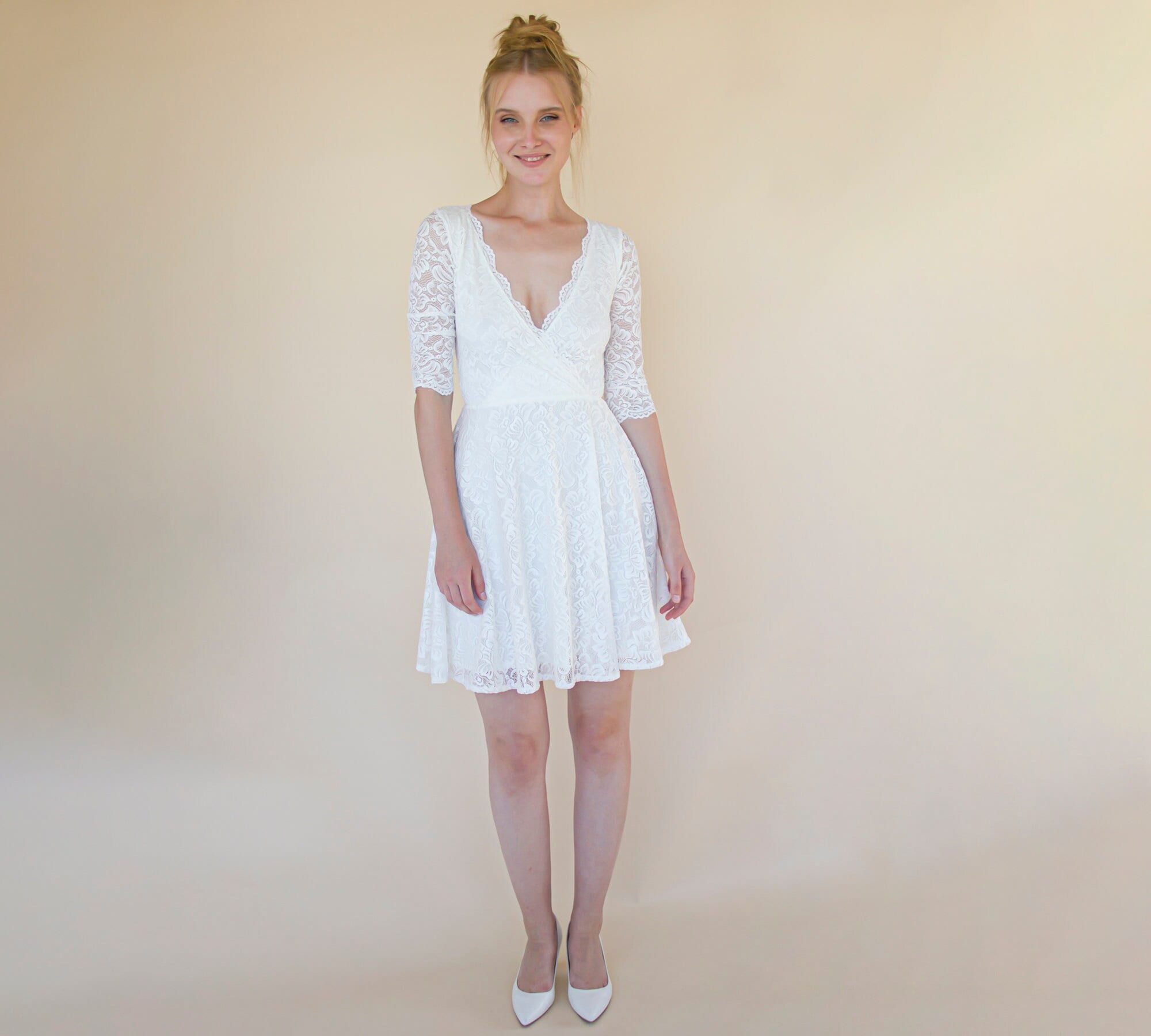 Ivory Wrap Lace Mini Bohemian Dress Bracelet Sleeves #1373