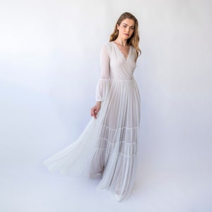 Vintage Pearly Wrap Mesh Chiffon Wedding Dress with Puffy Sleeves | Timeless Elegance and Charm | Bridal Gown #1462