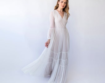 Vintage Pearly Wrap Mesh Chiffon Wedding Dress with Puffy Sleeves | Timeless Elegance and Charm | Bridal Gown #1462