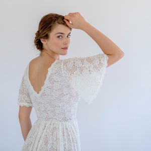 Leaf Lace Wedding Dress: Blush Lining, Boho Bell Sleeve Gown