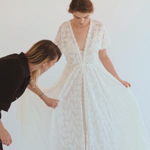 Lace Boho Wedding Dress: V-Neck Bat Sleeves, Light Champagne Lining