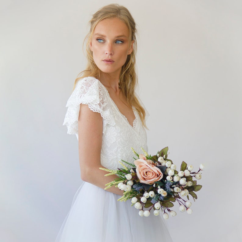Fairy Blush pink wrap lace bohemian wedding dress, butterfly sleeves ,Pastel wedding dress 1293 image 8