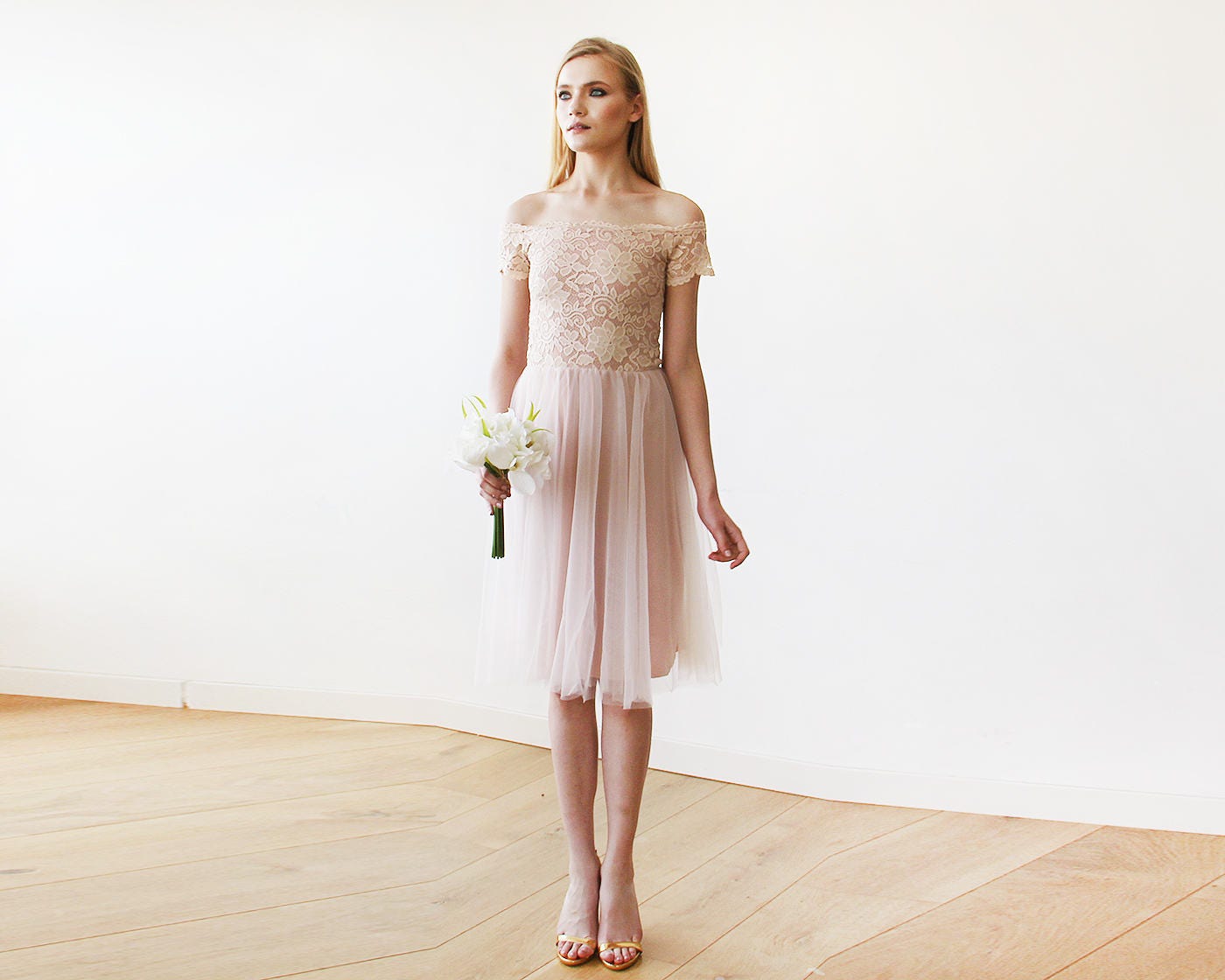 Off-the-Shoulders Blush Pink Tulle & Lace Midi Dress