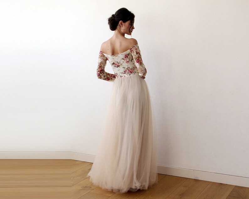 20334 Ecru-Fuchsia Off-Shoulder Floral Tulle Dress