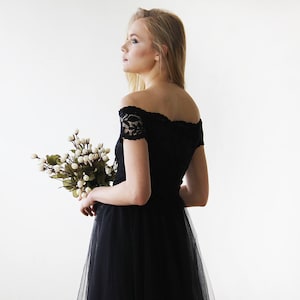 SALE Black Off-the-Shoulders Tulle & Lace Midi Short Sleeves Dress #1153