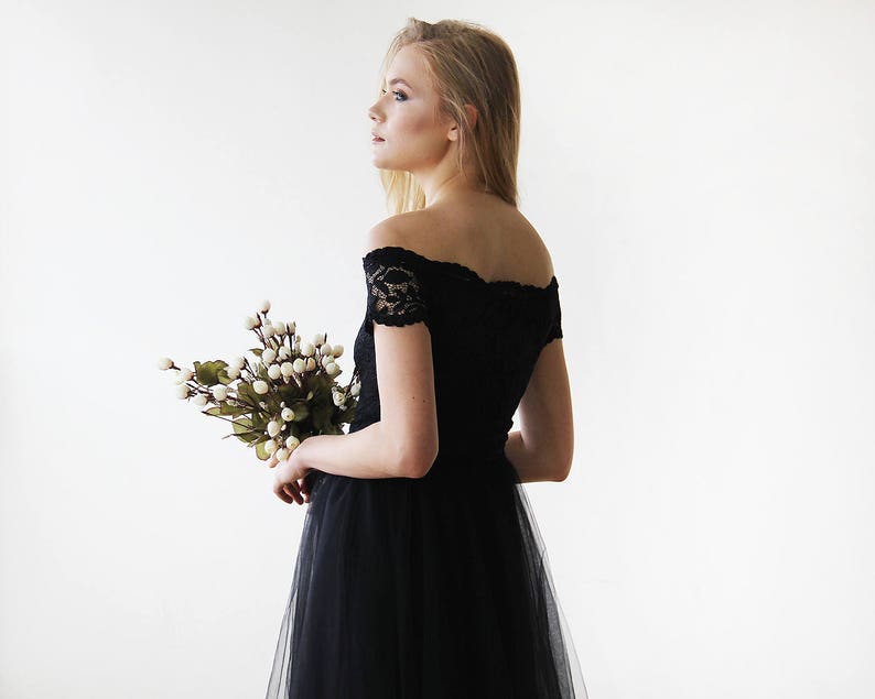 SALE Black Off-the-Shoulders Tulle & Lace Midi Short Sleeves Dress 1153 image 2