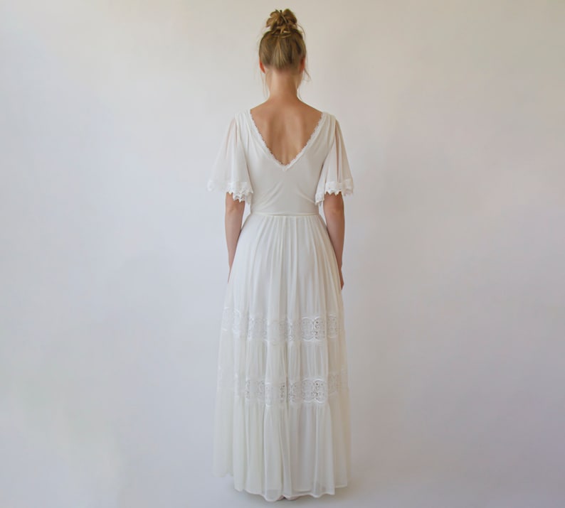 Romantic Chiffon Wedding dress, Vintage Butterfly Sleeves Ivory Wedding Dress 1348 image 4
