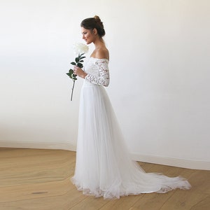 Ivory Off-The-Shoulder Lace & Tulle Train Dress #1162