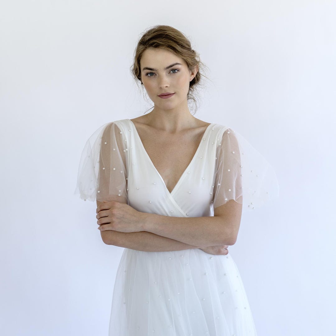 ivory pearl wedding dress Pearl-Embellished Illusion Corset A-Line Wedding Dress