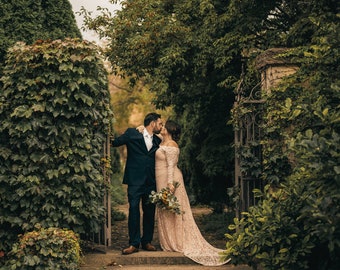 Curvy Baby Pink Off-The-Shoulder Dress With Train, Pastel wedding dress #1148