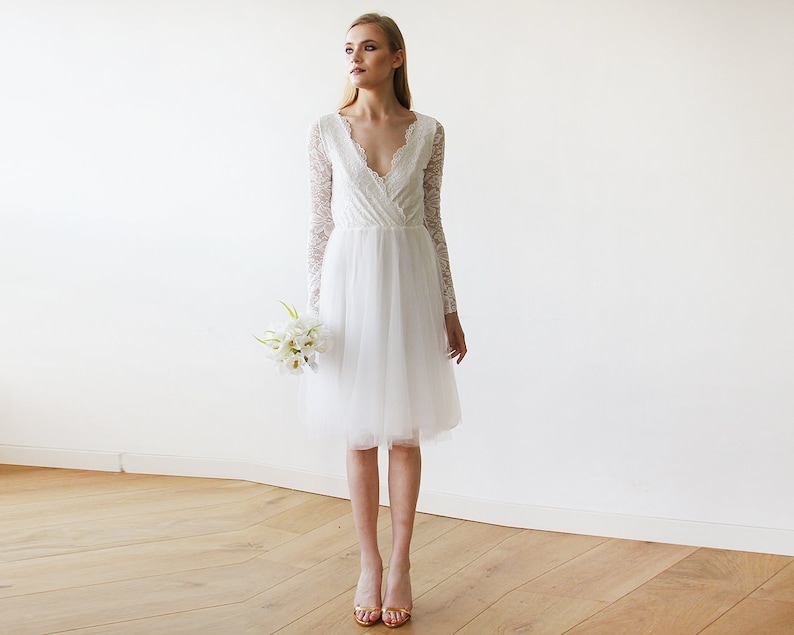 Ivory Tulle /& Lace Midi Long Sleeves Dress 1144
