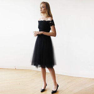 SALE Black Off-the-Shoulders Tulle & Lace Midi Short Sleeves Dress 1153 image 4