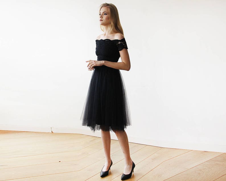 SALE Black Off-the-Shoulders Tulle & Lace Midi Short Sleeves Dress 1153 image 4