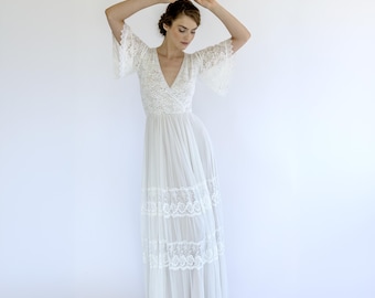 Vestido de noiva de renda bordada: vestido de noiva boho de chiffon com manga sino
