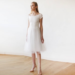 Short wedding dress , Ivory Off-the-Shoulders Tulle & Lace Midi Short Sleeves Dress 1153
