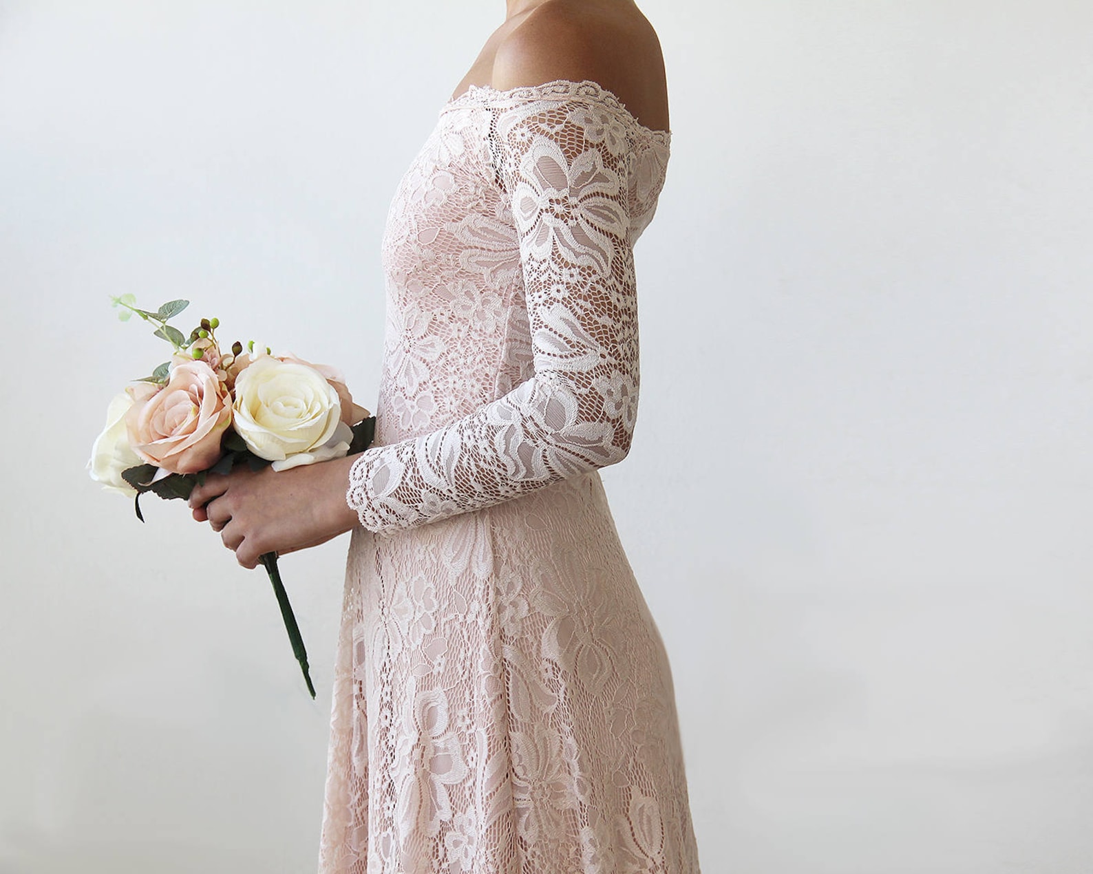 Baby pink lace off the shoulder dress s