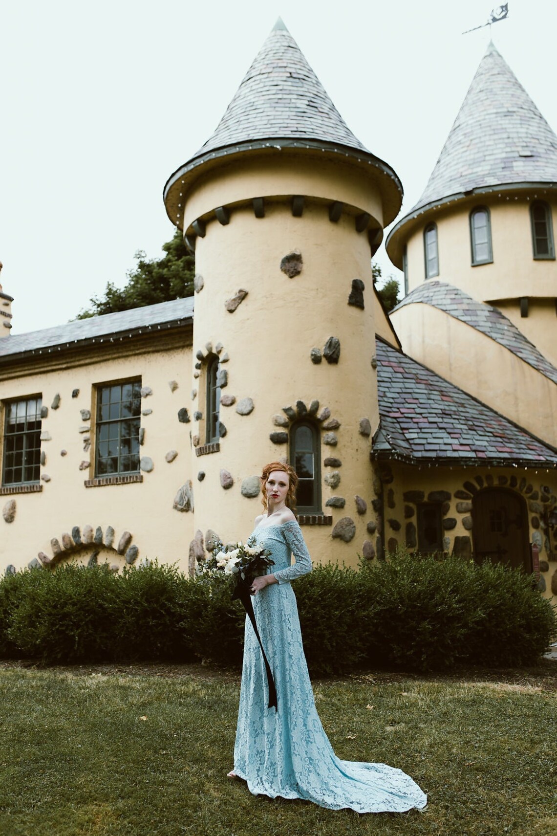 Light Blue Off-The-Shoulder Dress with Train Pastel wedding image 1