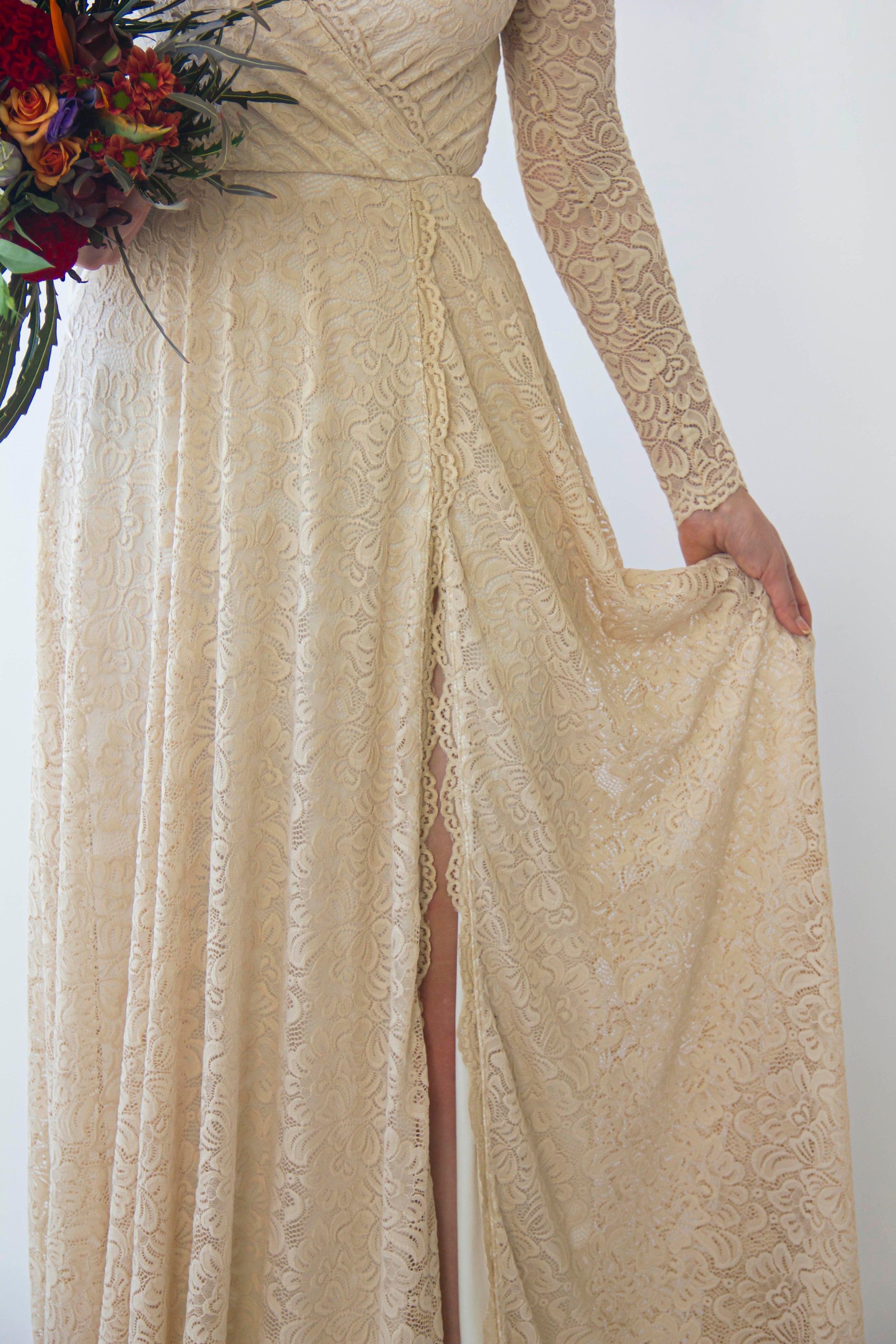 Long Sleeves Light Champagne Wrap Lace Maxi Dress with a Slit #1410