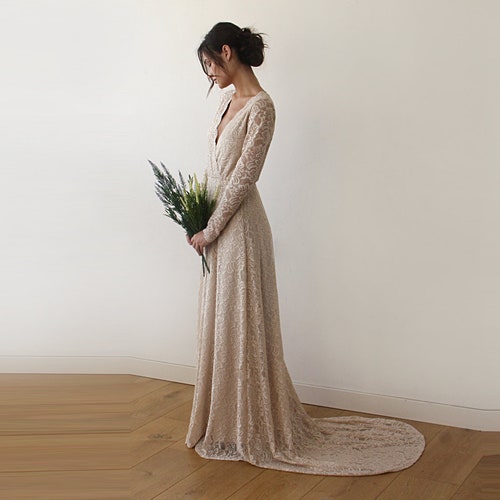 Champagne Wrap Lace Gown with Train #1151