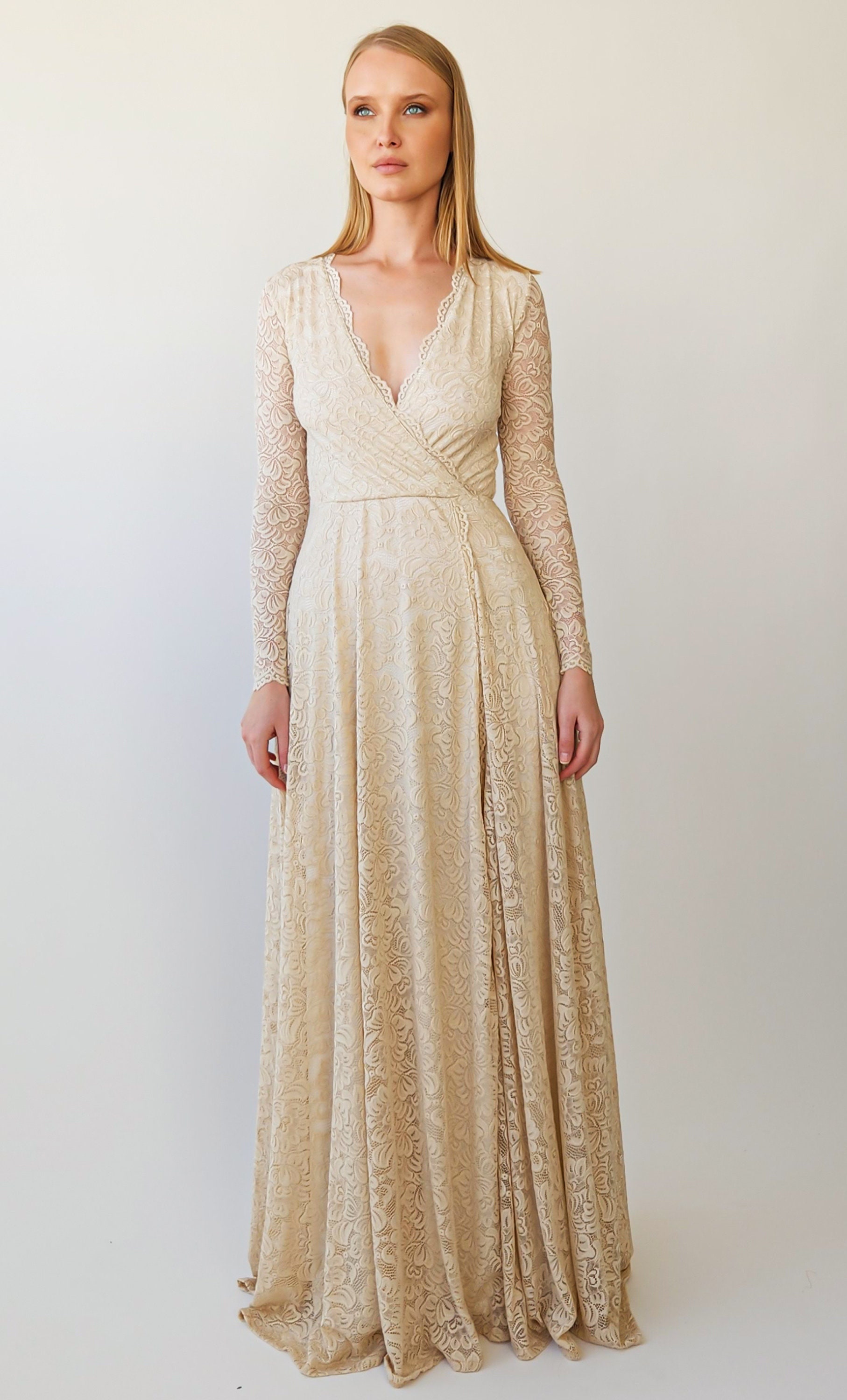 Long Sleeves Light Champagne Wrap Lace Maxi Dress with a Slit #1410 Long Sleeves Light Champagne Wrap Lace Maxi Dress with a Slit #1410