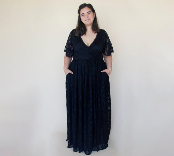 Black Wrap Flutter Sleeves Dress Lace Maxi Dress with pockets #1376