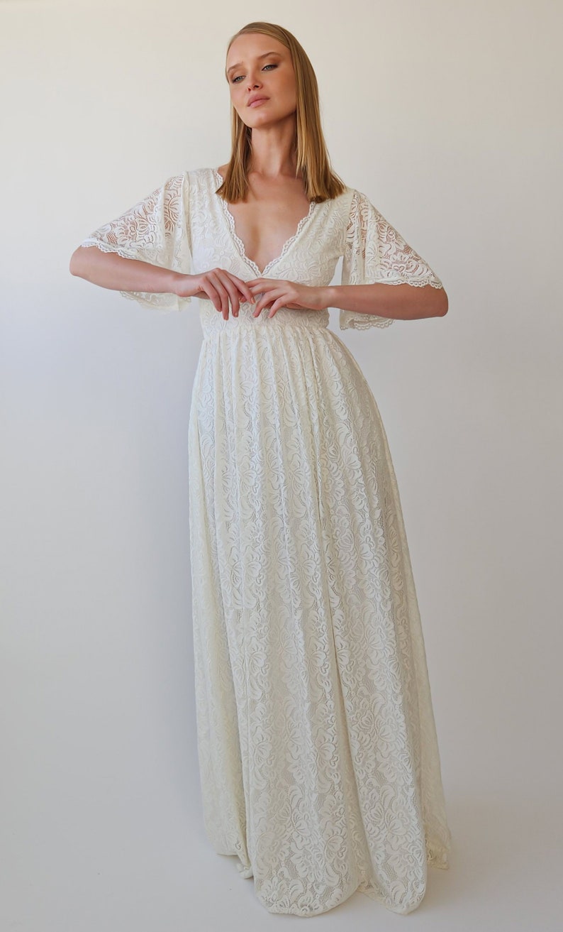 Butterfly Sleeves Ivory Bohemian Empire Lace Wedding Dress with Open back 1383 image 4