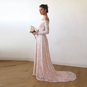 Baby Pink Off-The-Shoulder Dress With Train ,Pastel wedding dress 1148 image 2