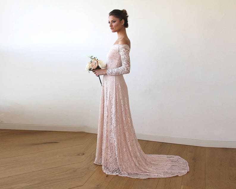 Baby Pink Off-The-Shoulder Dress With Train ,Pastel wedding dress 1148 image 2